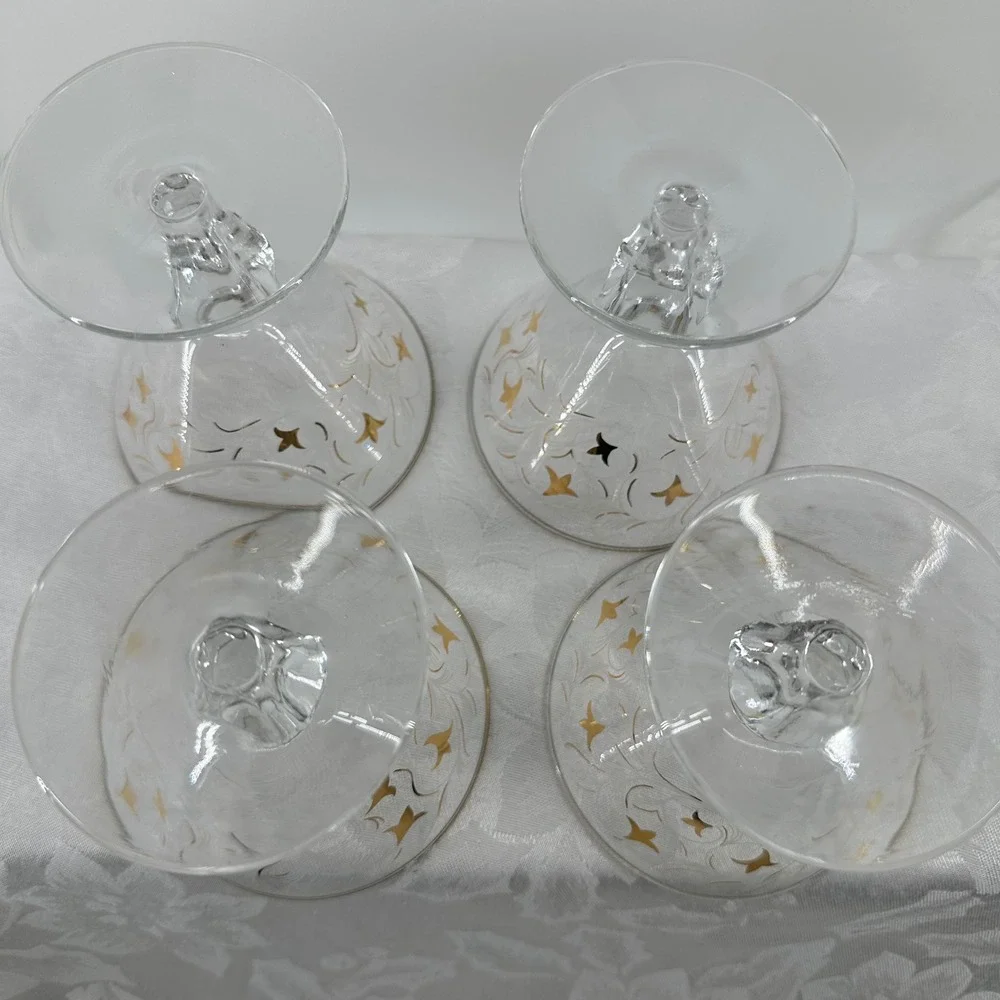 Vintage Royal Fern Martini Coupe Glasses Clear Gold Starburst Excellnt MCM Libby
